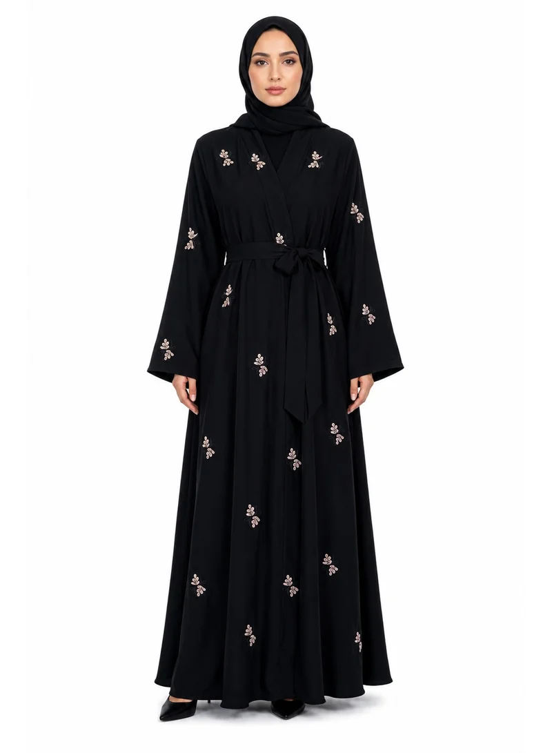 عباءات ريم All Over Floral Embroidered Abaya with Matching Sheila