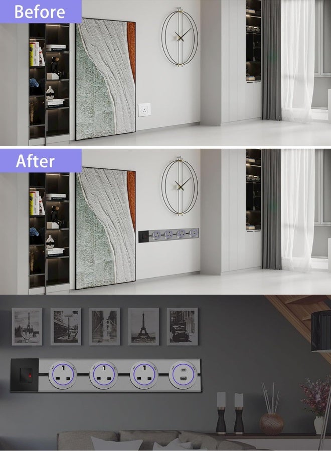 Track socket;Removable Electrical Track Outlet; 50CM Track;3 UK socket adapters Max 8000w,USB-C PD 20W super charging,Suitable for Kitchen, Living Room, Study, Office (UK Outlet-grey) - Image 4