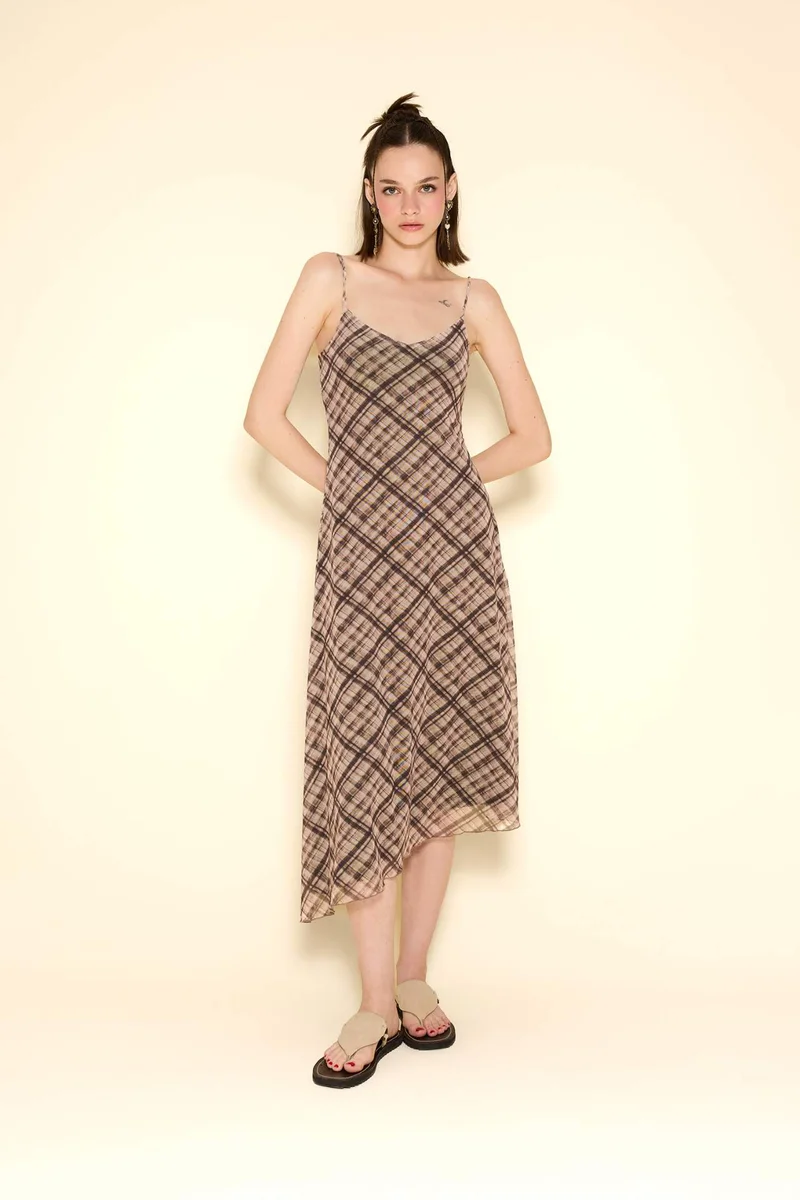 ديفاكتو V-Neck Plaid Tulle Midi Dress