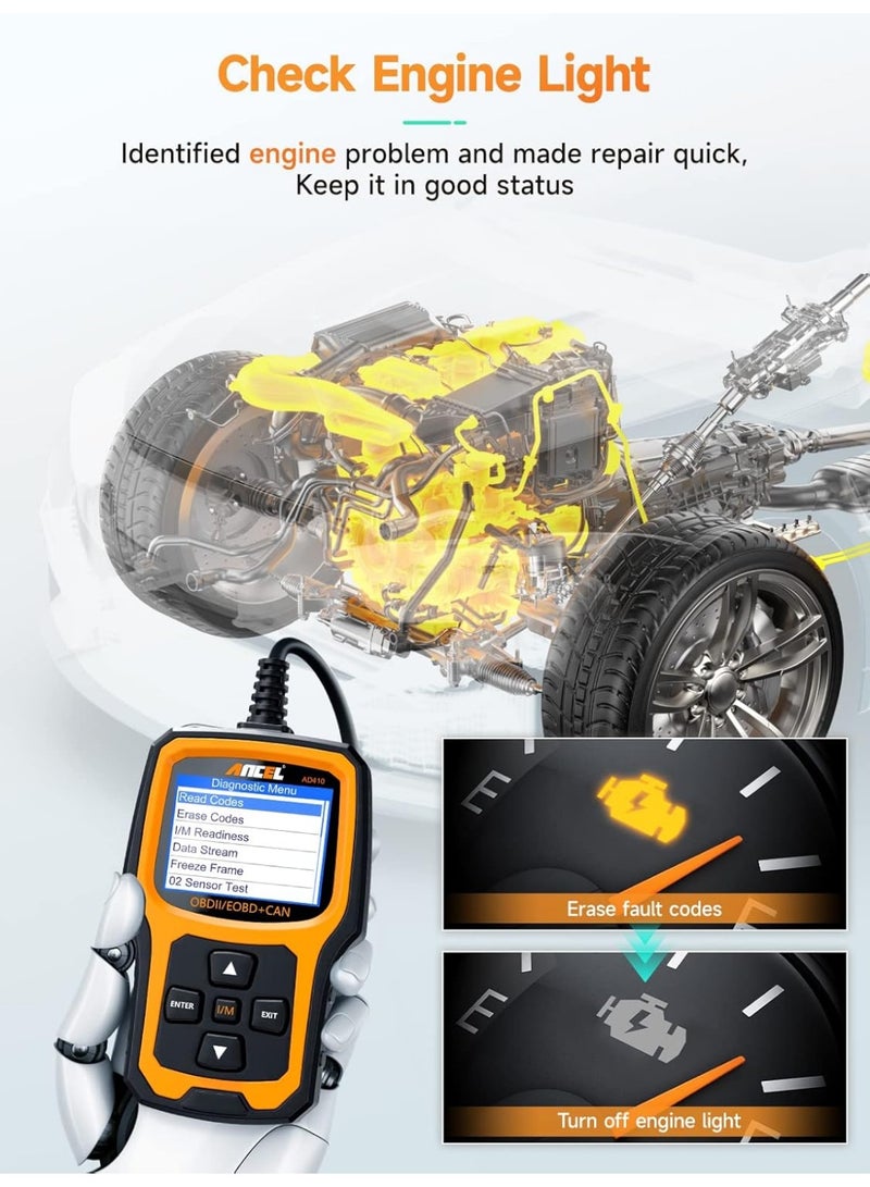 ANCEL AD410 Enhanced OBD2 Scanner, Vehicle Code Reader Clear Engine Light Instantly, Automotive OBD II Scanner Fault Diagnosis, Mechanic Scan Tool for All OBDII Cars 1996+, Black/Yellow - Image 3