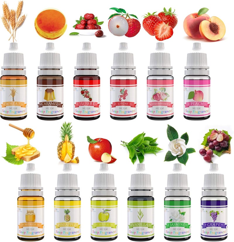 DecorRom زيت عطر الصابون - مجموعة 12 رائحة صابون سائلة لصنع قنابل الاستحمام، مستلزمات صنع الصابون، سلايم DIY - نكهات صابون مركزة من الدرجة الغذائية لرائحة قنابل الاستحمام لمستحضرات التجميل، الحرف اليدوية - 10 مل/0.35 أونصة لكل منها - Image 1