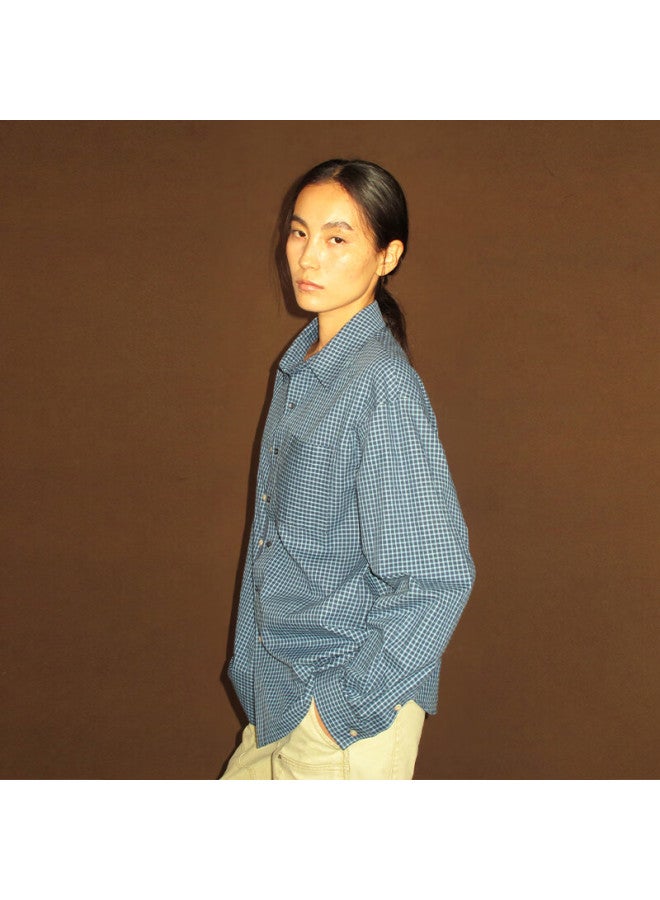 Green Belt Vintage Loose Blue Plaid Cotton Long Sleeve Shirt Autumn Casual Wear - Image 2