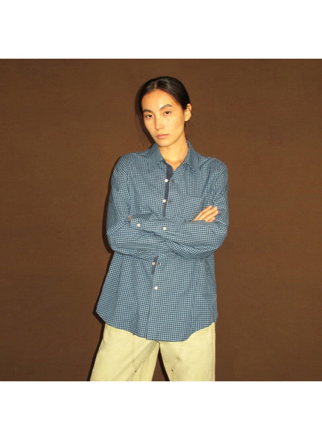 Green Belt Vintage Loose Blue Plaid Cotton Long Sleeve Shirt Autumn Casual Wear - Image 3