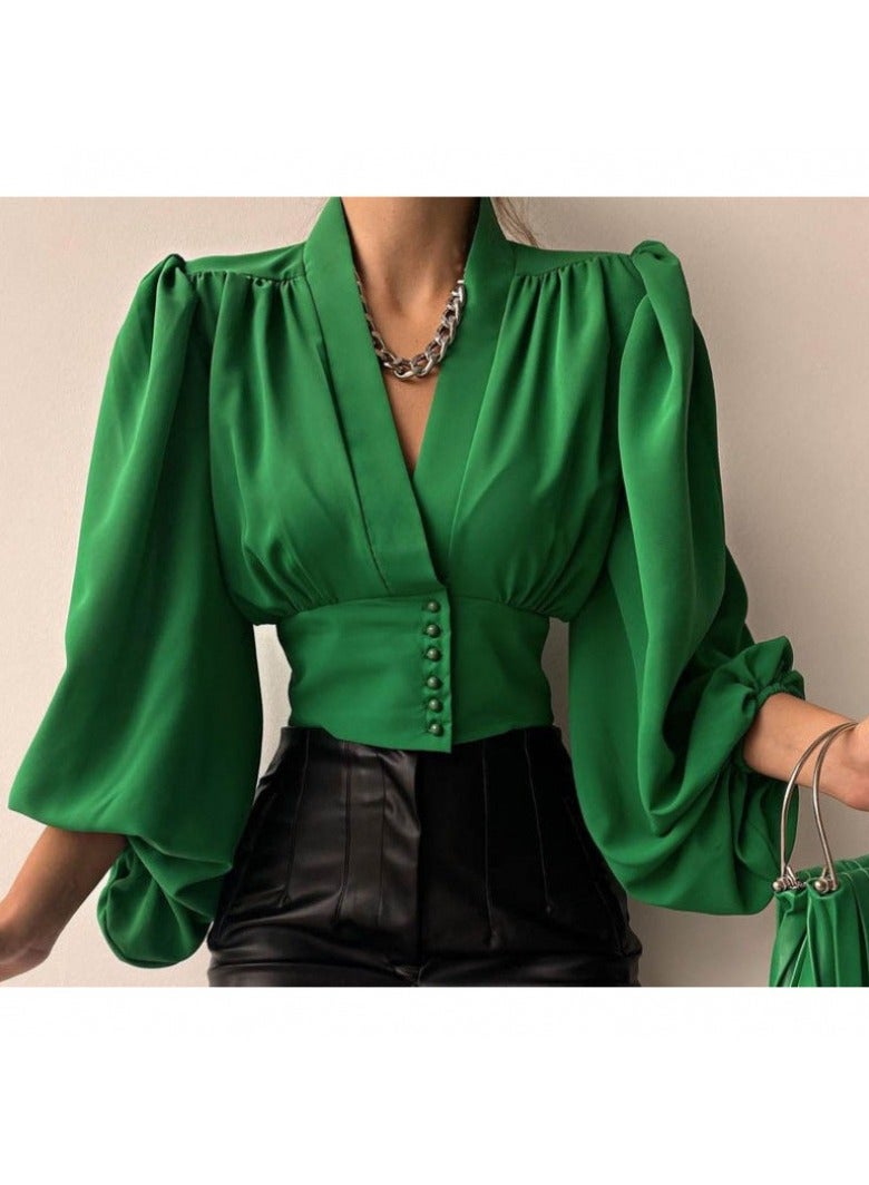 Shougu New Temperament Button V-neck Top Shirt  - Image 1