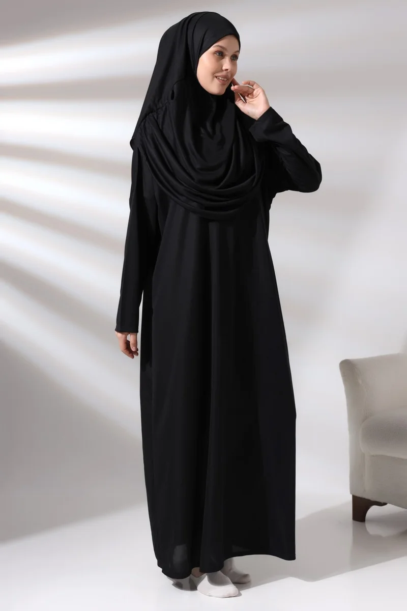 İhvan Ihvan Black Women's Practical Headscarf One-Piece Prayer Dress with Bag