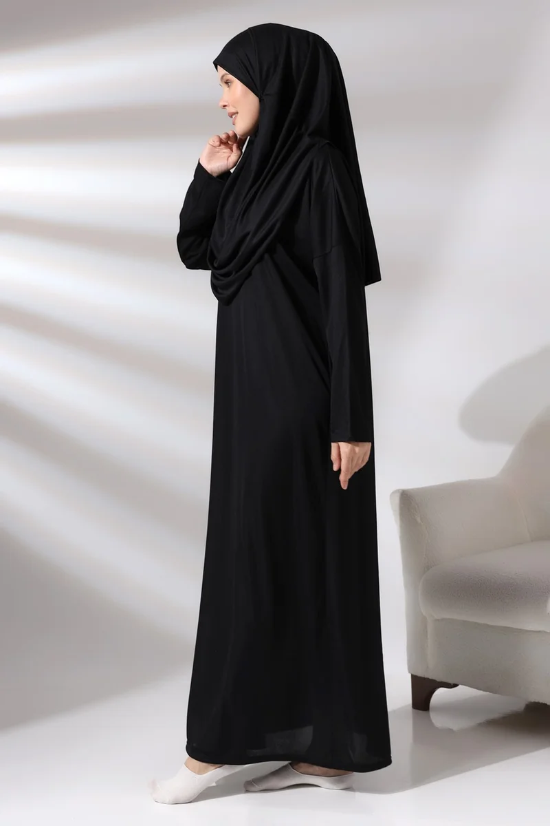 İhvan Ihvan Black Women's Practical Headscarf One-Piece Prayer Dress with Bag