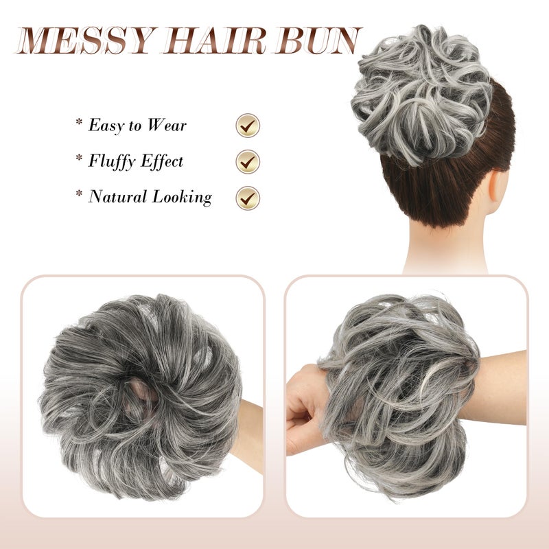 FESHFEN Messy Bun Hair Piece - Wavy Synthetic Chignon Scrunchies for Instant Volume, Elastic Bun Ponytail Hair Extensions Thick Hairpieces for Women, Black Gray and White Tips 1.50 oz - Image 3