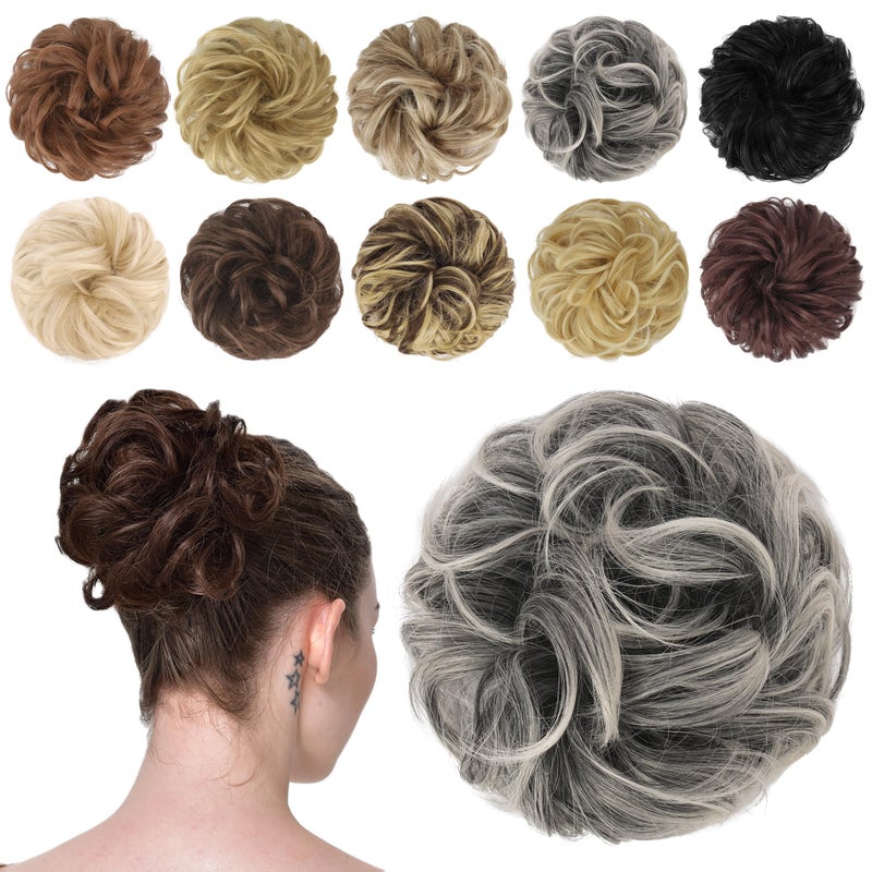 FESHFEN Messy Bun Hair Piece - Wavy Synthetic Chignon Scrunchies for Instant Volume, Elastic Bun Ponytail Hair Extensions Thick Hairpieces for Women, Black Gray and White Tips 1.50 oz - Image 1