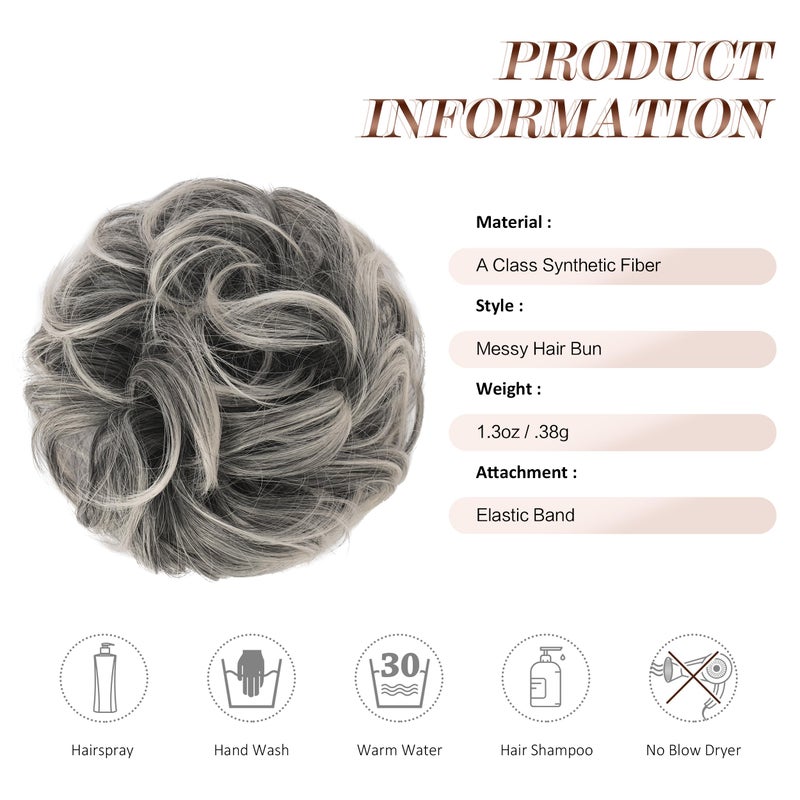 FESHFEN Messy Bun Hair Piece - Wavy Synthetic Chignon Scrunchies for Instant Volume, Elastic Bun Ponytail Hair Extensions Thick Hairpieces for Women, Black Gray and White Tips 1.50 oz - Image 5
