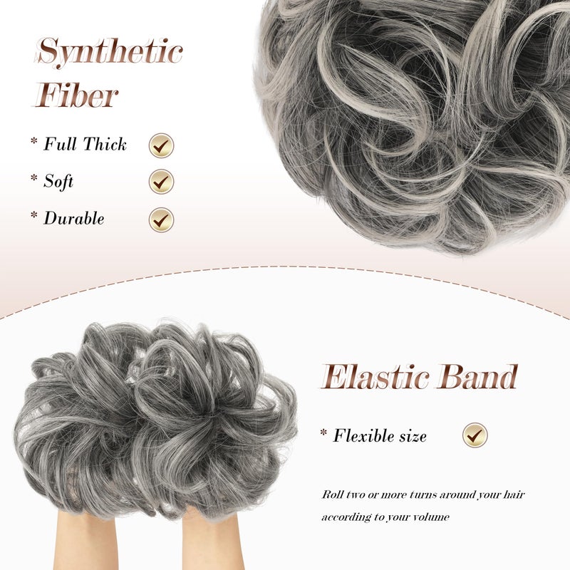 FESHFEN Messy Bun Hair Piece - Wavy Synthetic Chignon Scrunchies for Instant Volume, Elastic Bun Ponytail Hair Extensions Thick Hairpieces for Women, Black Gray and White Tips 1.50 oz - Image 4