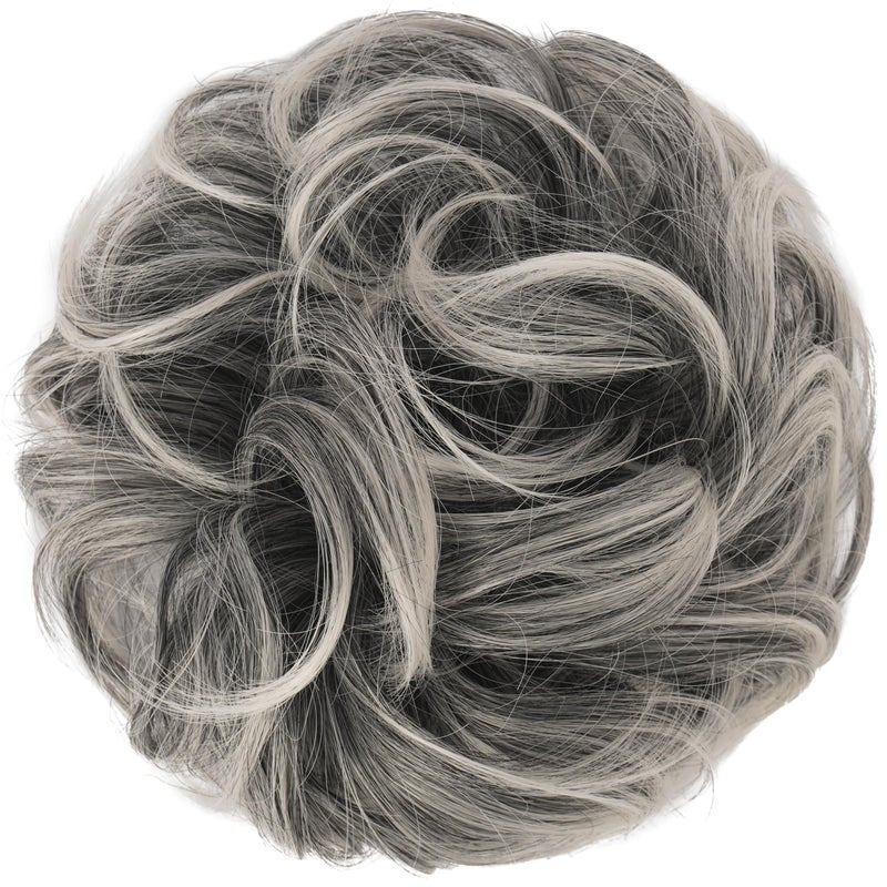 FESHFEN Messy Bun Hair Piece - Wavy Synthetic Chignon Scrunchies for Instant Volume, Elastic Bun Ponytail Hair Extensions Thick Hairpieces for Women, Black Gray and White Tips 1.50 oz - Image 2