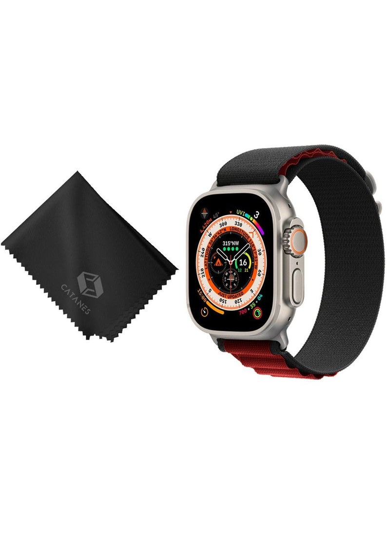 CATANES - 2 Packs Of Apple Watch Band and Microfiber Cloth Alpine Loop Band 49mm 45mm 44mm 42mm Women Men Adjustable with Metal G-Hook Strap for iWatch Ultra Series SE 8/7/6/5/4/3/2/1 Black Red - Image 1