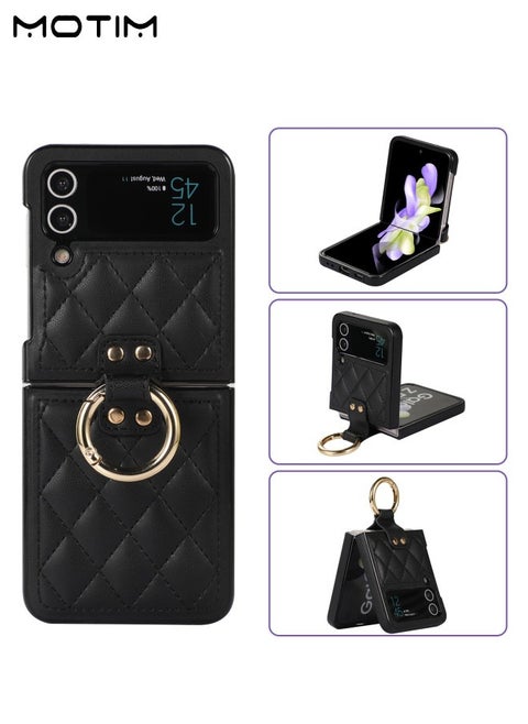 Phone Case Compatible with Samsung Galaxy Z Flip 4, Built In Front Screen Protector, Leather Folding Shockproof Protective Case with Kickstand Ring, Galaxy Z Flip 4 Shock Resistant and Fall Proof Cover