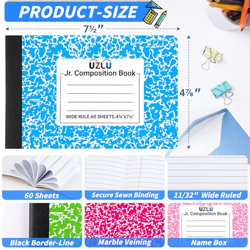 UZLU 36 Pack Composition Notebooks Bulk Wide Ruled 4-7/8"x 7.5" Half Size Composition Books 60 Sheets Mini Notebook 12 Color Small Pocket Marble Journal Books for Students College Office Back to School Supplies - Image 2
