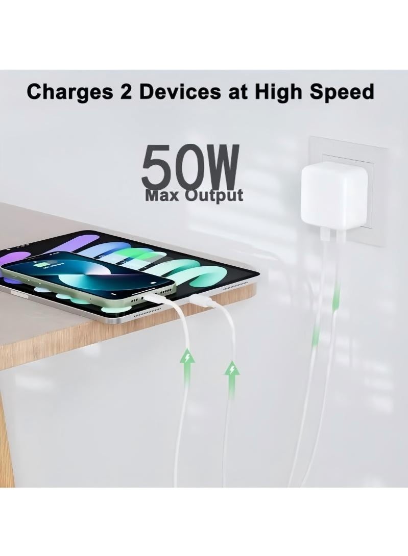 بست قابس USB C، محول طاقة سريع بمنفذ USB C مزدوج بقوة 50 وات لهاتف iPhone 15/14/14 Plus/Pro/ 14 Pro Max/ 13/12/ 11/ X/Samsung/Pad/Speaker/AirPods - Image 3