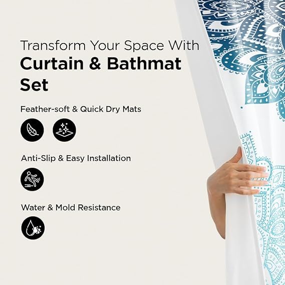 Kuber Industries Kuber Industries Shower Curtain & Bathmat Set | Non-Slip Bath mats for Bathroom | Easy-Slide Curtains | Polyester Curtain or Bathmat for Bath Décor | YF189-3T | 3 Pcs Set | Multicolor  - Image 2