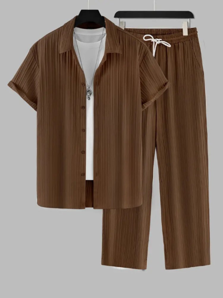 2024 Mens Striped Short Sleeve Shirt Casual Suit Coffee - Image 1