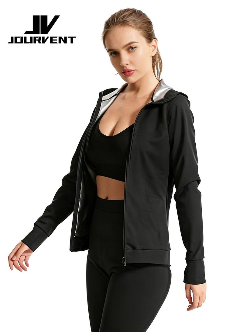 Jourvent Women’s Sauna Suit Set for Weight Loss, Premium High-Quality Breathable Fabric Quick-Dry Sweat-Wicking Compression Outfit, Zipper Long Sleeve Top & High-Waist Shaping Pants with Gloves & Shoe Covers - Image 2