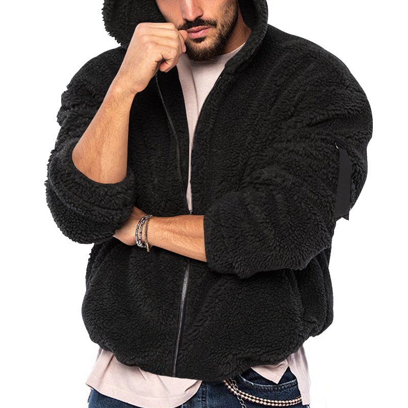 2023 cross-border autumn and winter mens new jacket European and American double-sided Arctic velvet hooded solid color casual zipper coat for men Dark gray  - Image 4