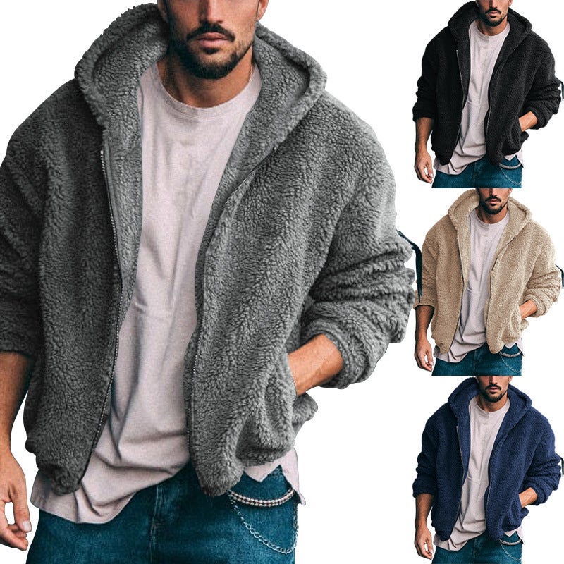 2023 cross-border autumn and winter mens new jacket European and American double-sided Arctic velvet hooded solid color casual zipper coat for men Dark gray  - Image 5