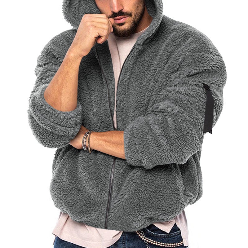 2023 cross-border autumn and winter mens new jacket European and American double-sided Arctic velvet hooded solid color casual zipper coat for men Dark gray  - Image 1