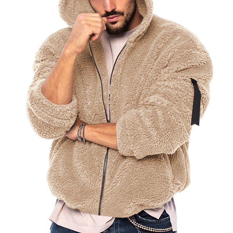 2023 cross-border autumn and winter mens new jacket European and American double-sided Arctic velvet hooded solid color casual zipper coat for men Dark gray  - Image 2