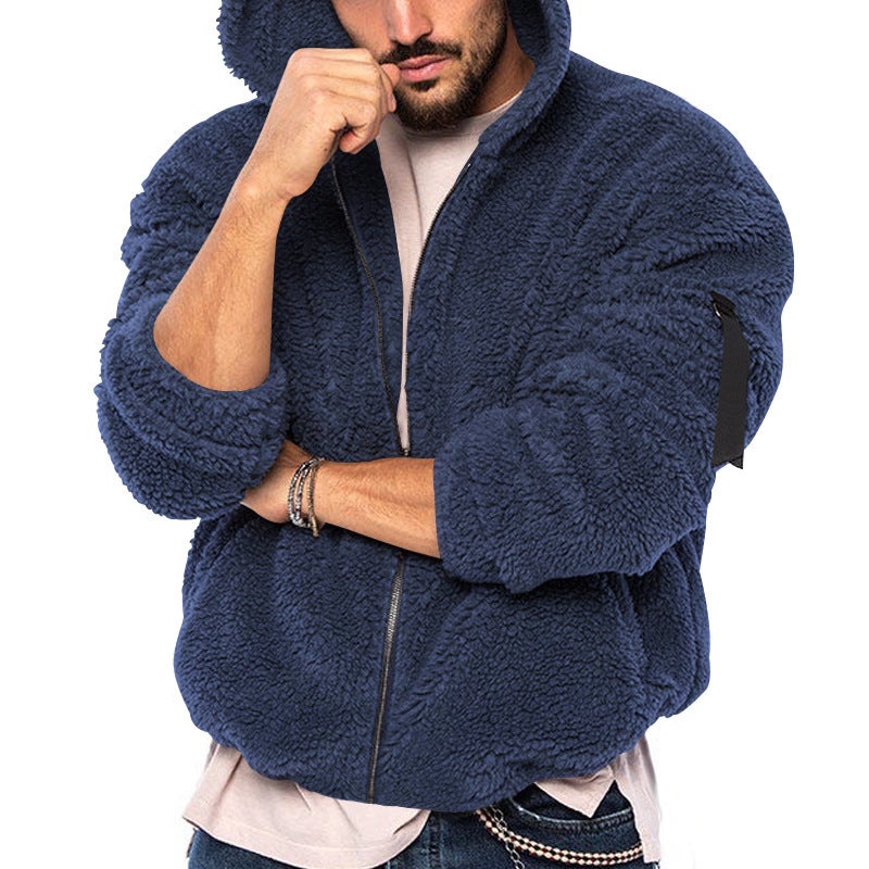 2023 cross-border autumn and winter mens new jacket European and American double-sided Arctic velvet hooded solid color casual zipper coat for men Dark gray  - Image 3