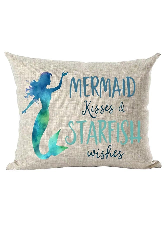 Ramirar Watercolor Blue Quote Mermaid Kissed Starfish & Wishes Summer Decorative Lumbar Throw Pillow Cover Case Home Living Room Bed Sofa Car Cotton Linen Rectangular 12 x 20 Inches - Image 2
