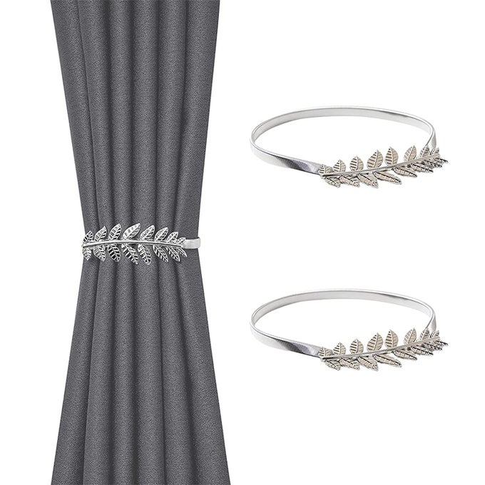 2 PACK CURTAIN TIE BACKS SILVER LEAVES CURTAIN TIEBACKS ADJUSTABLE CURTAIN HOLDBACKS MODERN SIMPLE STYLE DRAPE TIE BACKS METAL CURTAIN BUCKLE CLIPS FOR HOME HOTEL OFFICE WINDOW DRAPERY DECORATION