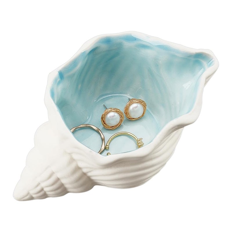 NBEADS Conch Shape Ceramic Jewelry Tray Aqua Shell Trinket Dish Ceramic Ring Earring Holder Oceanthemed Decorative Trinket Plate for Rings Earrings Necklaces Bracelet Jewelry Watch Keys - Image 2