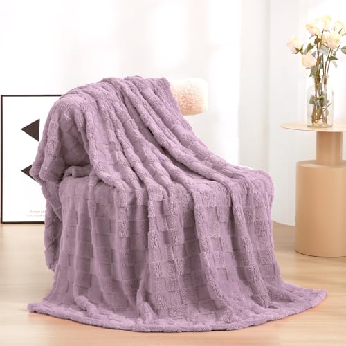Linecooo Light Purple Fleece Throw Blanket 50”×60” for Couch Sofa Bed,Super Soft Cozy Plush Microfiber Flannel Blanket with 3D Checkered Design Lightweight for Adults,Woman,Girls - Image 1