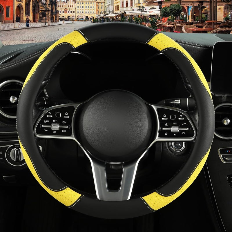 BINSHEO Leather Steering Wheel Cover - Black and Yellow - Image 2