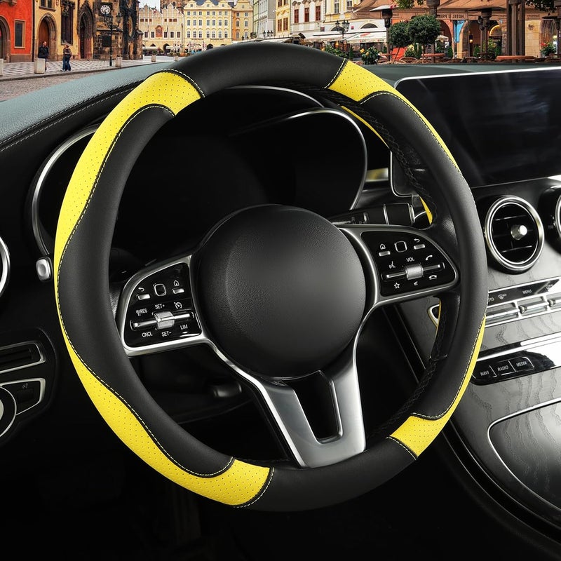 BINSHEO Leather Steering Wheel Cover - Black and Yellow - Image 1