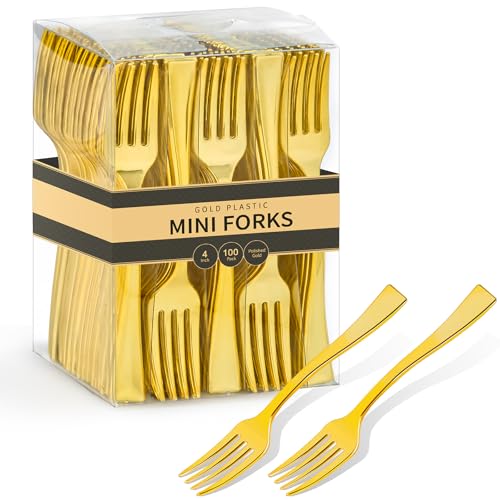 Qeirudu 4 Inch Gold Plastic Mini Forks, 100 Pack Disposable Appetizer Forks Heavy Duty Tiny Forks for Party Small Desserts, Charcuterie, Samples, Cocktails and Strawberries - Image 1