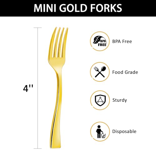 Qeirudu 4 Inch Gold Plastic Mini Forks, 100 Pack Disposable Appetizer Forks Heavy Duty Tiny Forks for Party Small Desserts, Charcuterie, Samples, Cocktails and Strawberries - Image 2