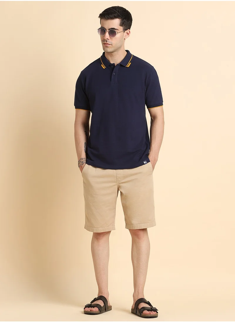 Dennis Lingo Men's Navy 100% Cotton Solid Pattern Regular Fit T-Shirt