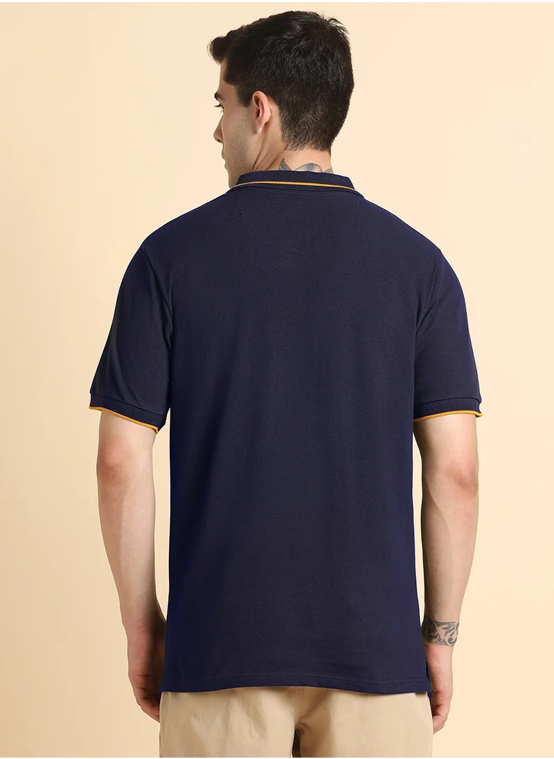 Dennis Lingo Men's Navy 100% Cotton Solid Pattern Regular Fit T-Shirt