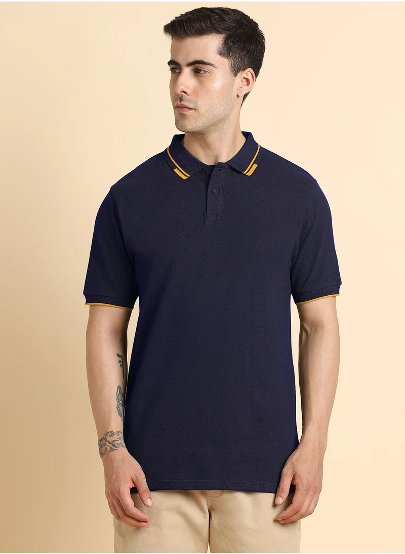 Dennis Lingo Men's Navy 100% Cotton Solid Pattern Regular Fit T-Shirt
