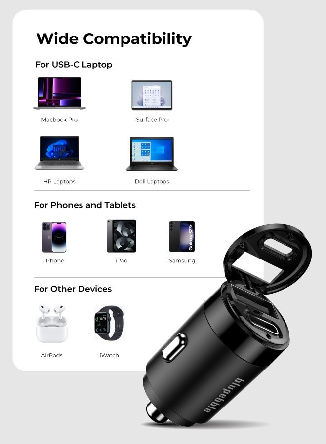 blupebble شاحن سيارة ميني بي دي سريع - شاحن سيارة USB-C من الألمنيوم بقدرة 65 واط و18 واط شحن سريع، مدمج وقوي - Image 2