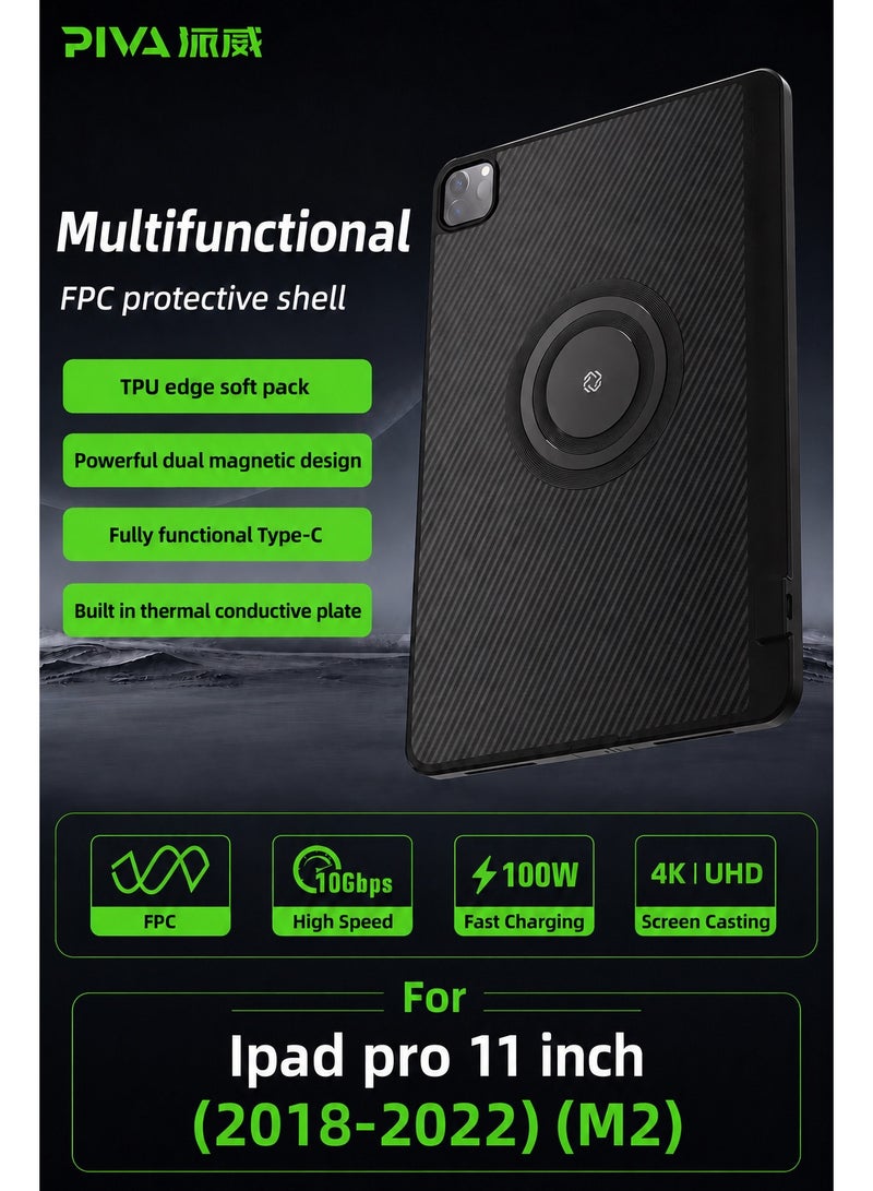 PIVA Gaming 3-in-1 iPad Protective Case with FPC Tail Plug, Built-In Magnetic Ring for Cooler Attachment, PD 100W Fast Charging, 10Gbps Data Transfer, 4K 60Hz Video Output, Carbon Fiber TPU Cover, Compatible with Magnetic Coolers for iPad Pro 11-inch 2018–2022 M1/m2 - Image 2