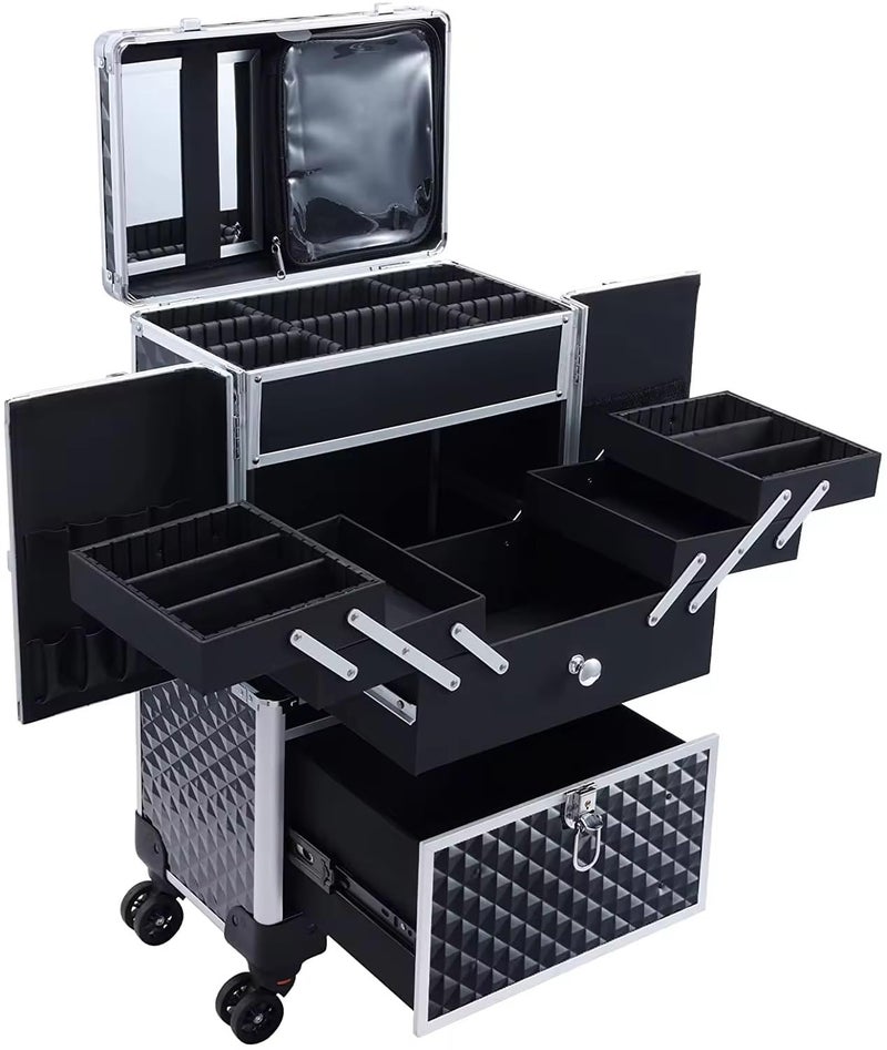Adson Multifunctional Professional Beauty Makeup Artist Rolling Cosmetic Aluminium Vanity Trolley Beauty Train case Makeup Cosmetic Trolley Hairstylist Travel Organizer (Silver with Design) - Image 1