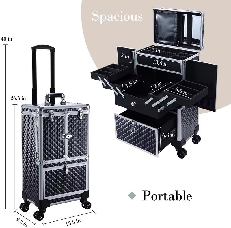 Adson Multifunctional Professional Beauty Makeup Artist Rolling Cosmetic Aluminium Vanity Trolley Beauty Train case Makeup Cosmetic Trolley Hairstylist Travel Organizer (Silver with Design) - Image 3