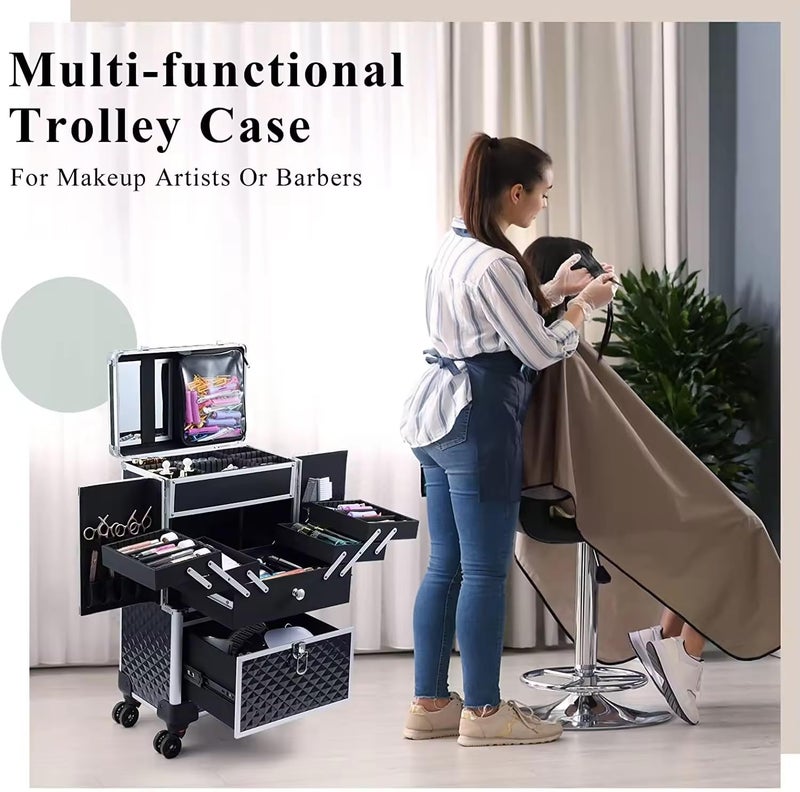 Adson Multifunctional Professional Beauty Makeup Artist Rolling Cosmetic Aluminium Vanity Trolley Beauty Train case Makeup Cosmetic Trolley Hairstylist Travel Organizer (Silver with Design) - Image 5