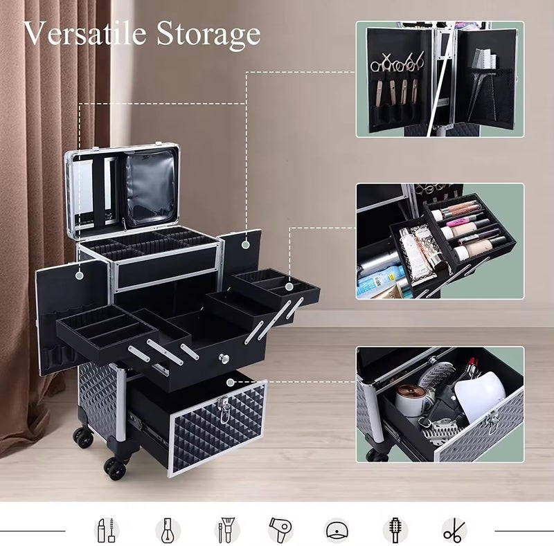 Adson Multifunctional Professional Beauty Makeup Artist Rolling Cosmetic Aluminium Vanity Trolley Beauty Train case Makeup Cosmetic Trolley Hairstylist Travel Organizer (Silver with Design) - Image 2