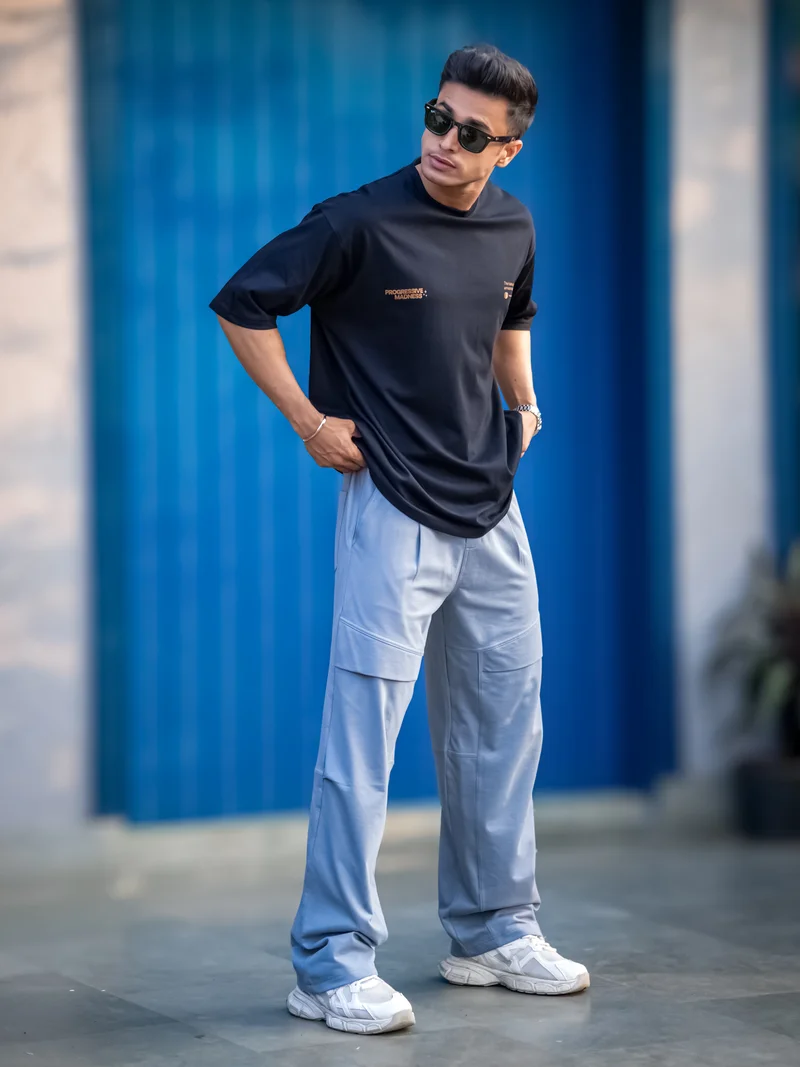Maniac Maniac Mens Light Grey Carpenter Cotton Baggy Fit Pant