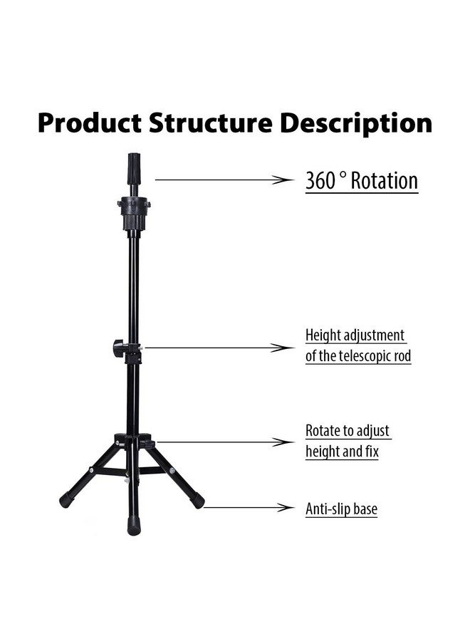 DANSEE Mini Wig Tripod Foldable Stand Adjustable Mannequin Head Metal Tripod Canvas Block Head Stand Holder Wig Manikin Head Table Display for Cosmetology Salons Hairdressing Training Black(36-55cm) - Image 2