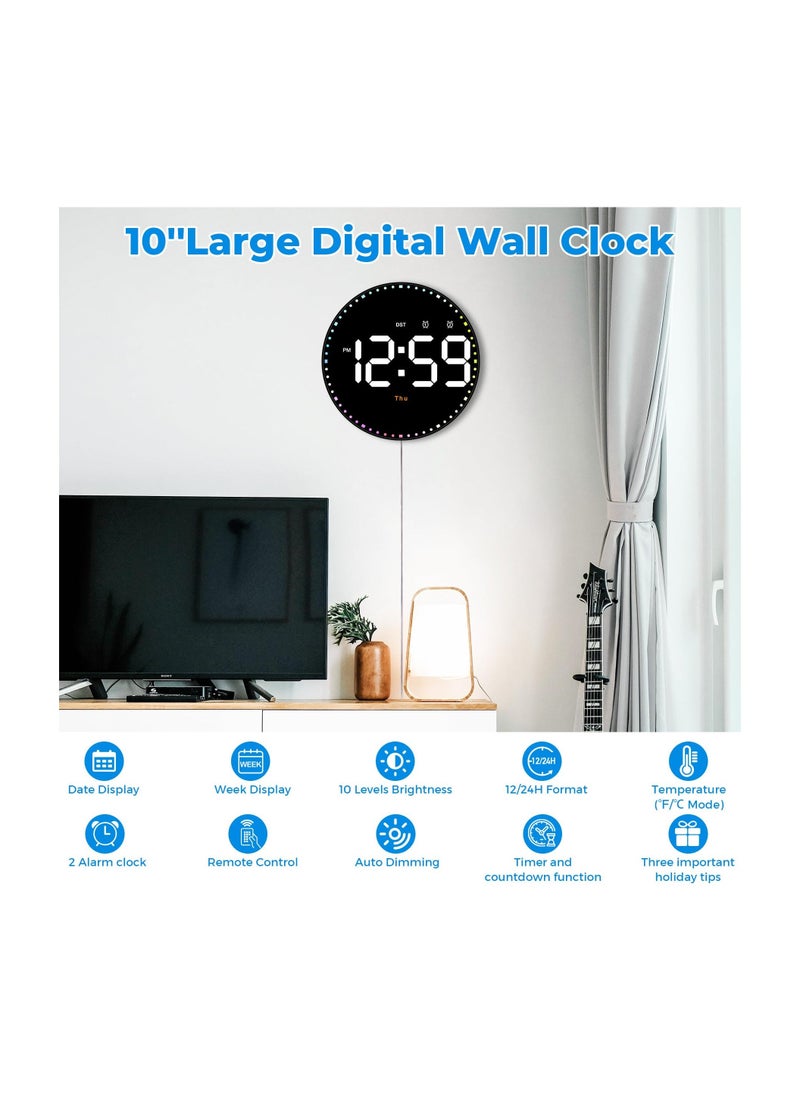 LED Digital Wall Clock, 10"" Large Display Color Second Hand Digital Clock LED Clock with Remote Control Dimming Clock with Date Display, 12/24 Hour, Temperature for Living Room Bedroom Office  - Image 4