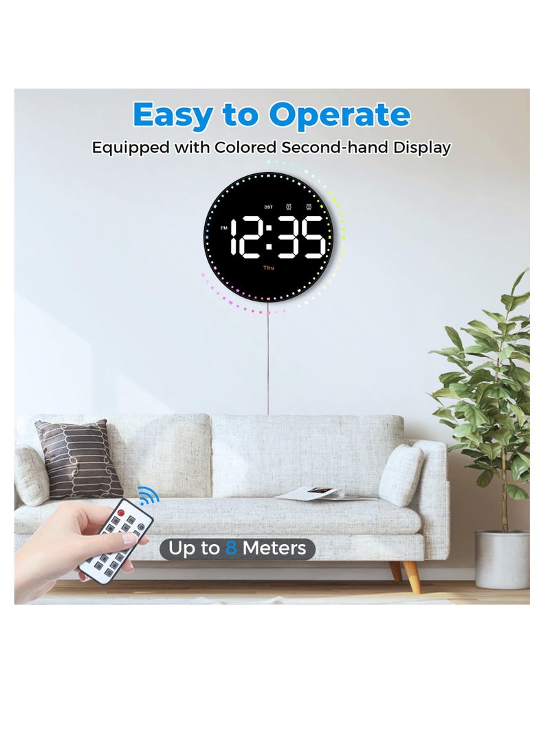 LED Digital Wall Clock, 10"" Large Display Color Second Hand Digital Clock LED Clock with Remote Control Dimming Clock with Date Display, 12/24 Hour, Temperature for Living Room Bedroom Office  - Image 2