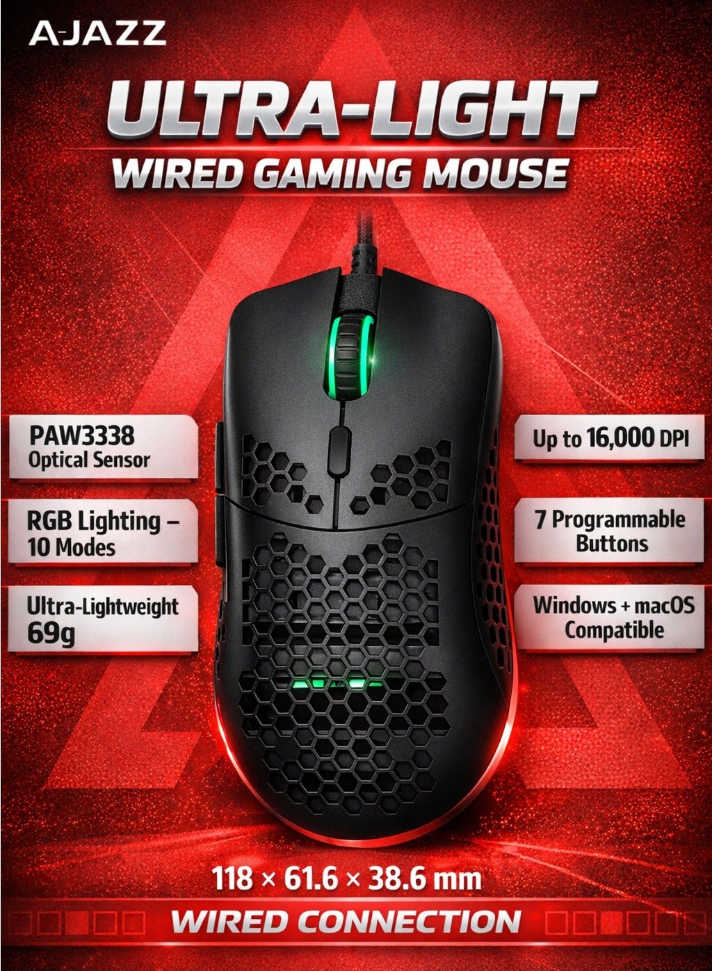 AJAZZ AJ390 Ultra-Light Gaming Mouse, 16000 DPI RGB Honeycomb Wired Mouse, 69g Lightweight, PAW3338 Sensor, 7 Programmable Buttons