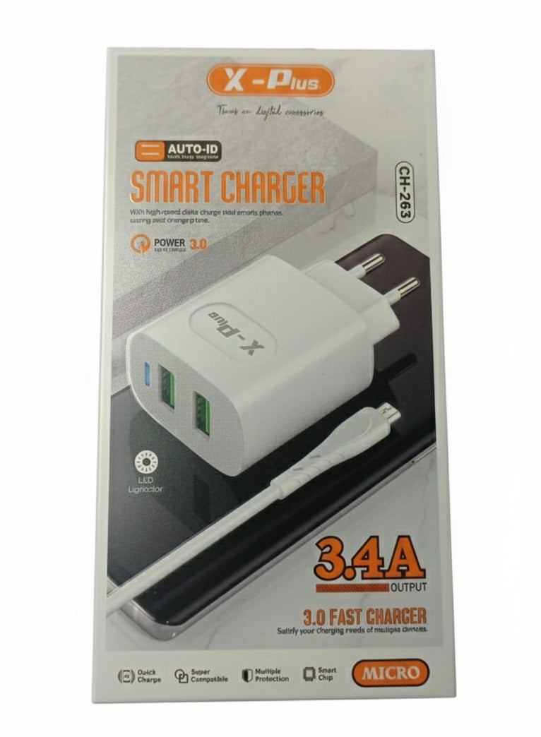 X-Plus Smart Home Charger 3.4A Dual USB Ports with Auto-ID Fast Charging – With Micro Cable